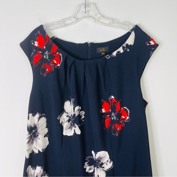 ILE blue white red floral stretchy office preppy midi dress 16W - Picture 2 of 6